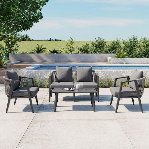 Gray 4-Piece Metal Patio Conversation Set with Gray Cushions and Rectangular Table