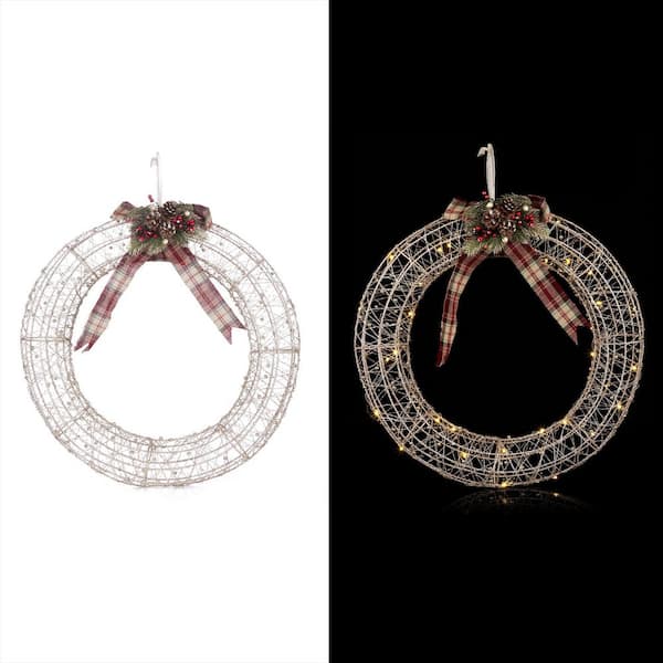 Alpine Hanging Christmas Wreath Decoration with Warm White LED Lights, Gold