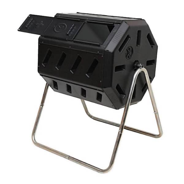 FCMP Outdoor 37 Gallon Elevated Dual Chamber Tumbling Garden Composter Bin, Black