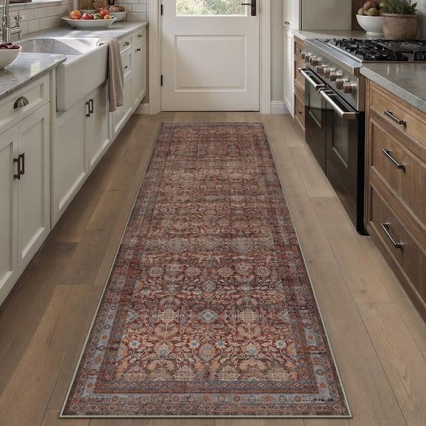 Solo 2 ft. X 8 ft. Red Distressed Vintage Floral Runner Rug