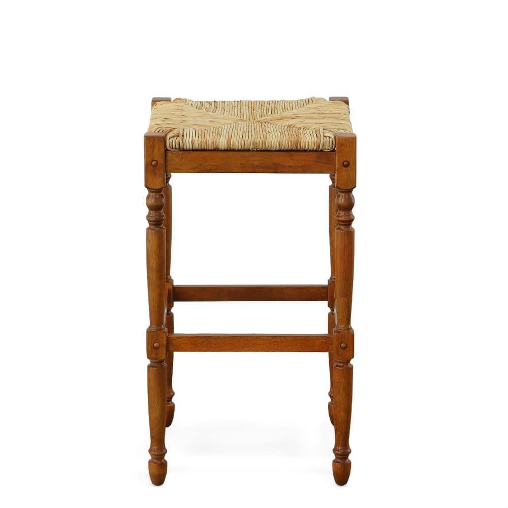 Elegant Backless Walnut Wood Counter Stool with Handwoven Seat