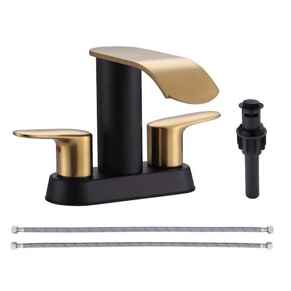 AVITAS 4 in. Centerset Double Handle Waterfall Bathroom Faucet with Drain Kit and Supply Lines Included in Black and Gold