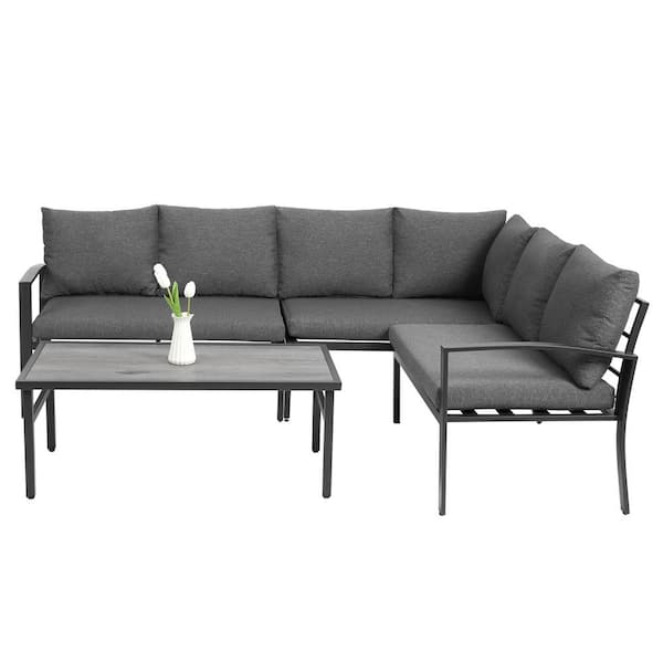 Sudzendf Black 4-Piece Metal Outdoor Patio Conversation Set with Dark Gray Cushions and Coffee Table