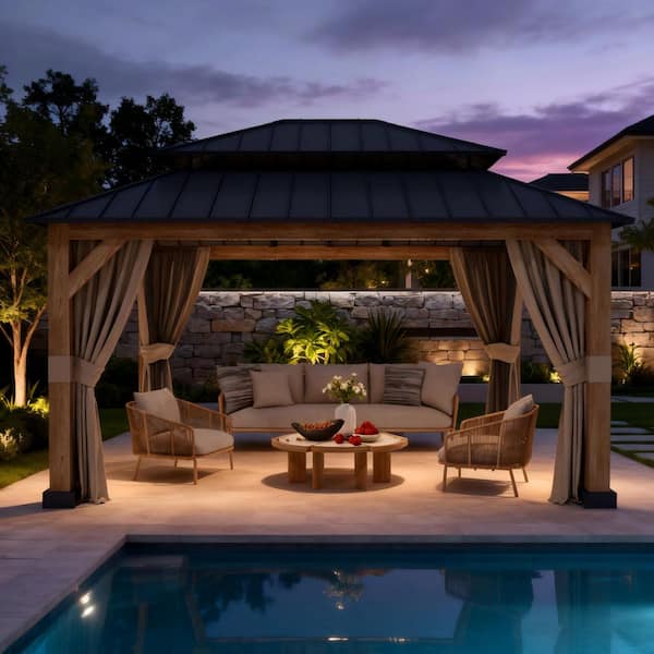 15 ft. x 13 ft. Wood Grain Aluminum Double Galvanized Steel Roof Gazebo with Ceiling Hook, Mosquito Netting and Curtains