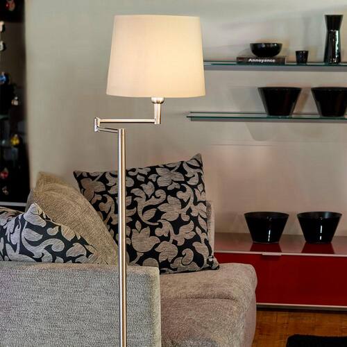 Santander 15 in. W x 59.84 in. H 2-Light Chrome Floor Lamp with White Fabric Drum Shade Lighting