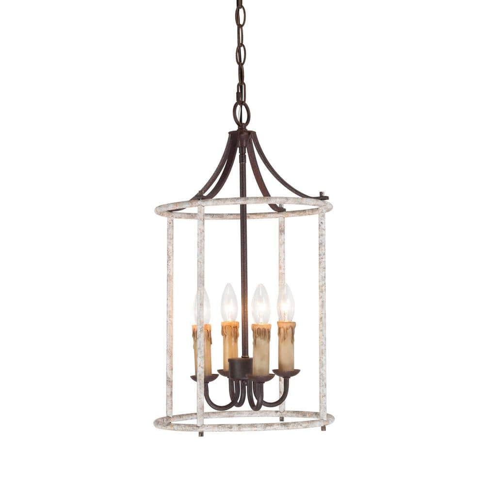Vintage 4-Light Distressed White Rust Candlestick Drum Cage Chandelier for 