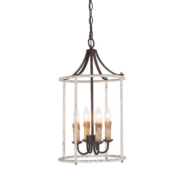 LOUGHEED DECOR INC Vintage 4-Light Distressed White Rust Candlestick Drum Cage Chandelier for Foyer, Bedroom with No Bulb Included
