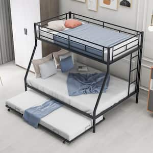 Black Metal Twin Over Full Kids Bunk Bed with Twin Trundle, Heavy Duty Metal Bunk Bed Frame with Guardrail and 2 Ladders