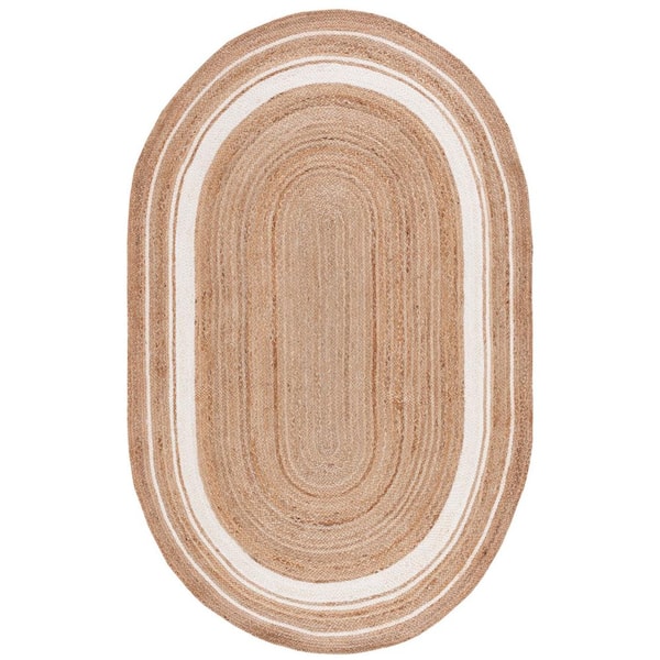 SAFAVIEH Natural Fiber Beige/Ivory 5 ft. x 8 ft. Woven Striped Oval Area Rug
