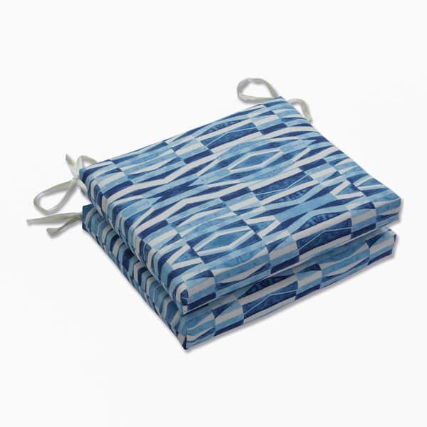Pillow Perfect Geometric 18.5 in. x 16 in. Outdoor Dining Chair Cushion in Blue/Off-White (Set of 2)