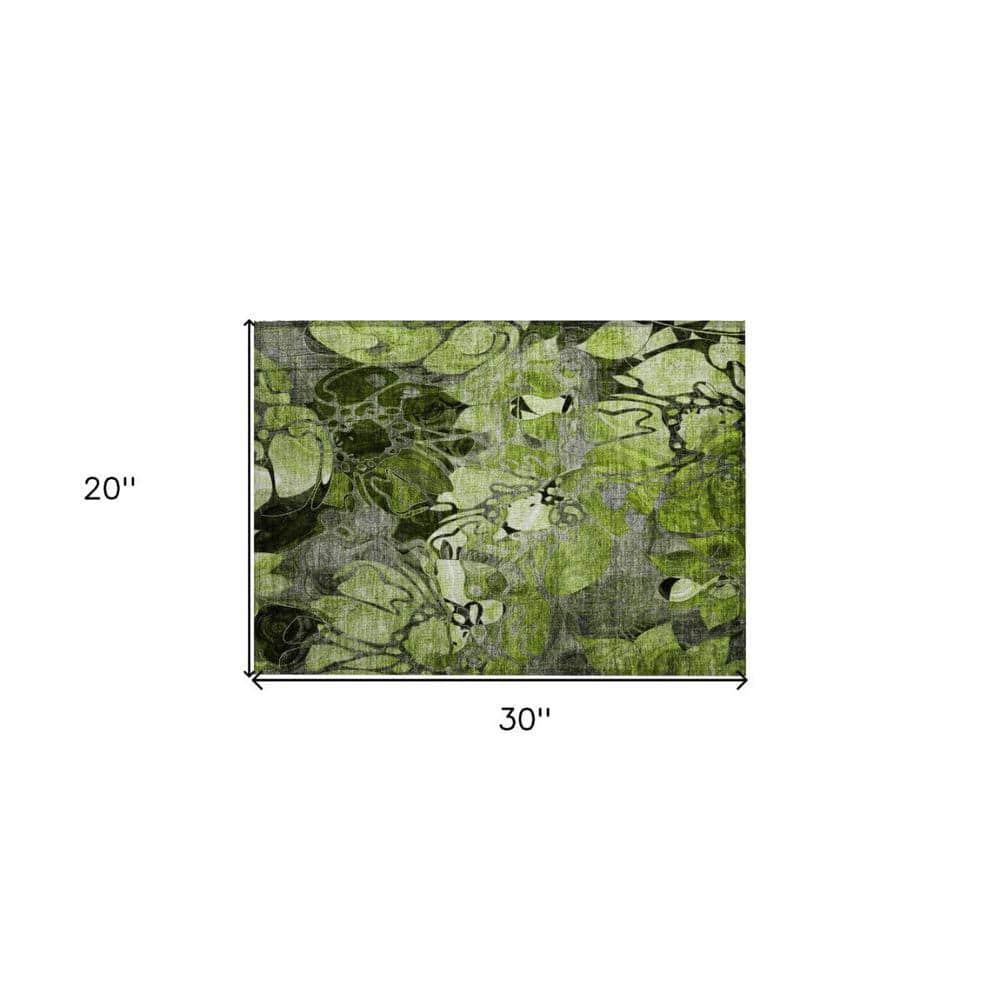 Fern Green and Gray Floral Washable Polyester Outdoor Rug