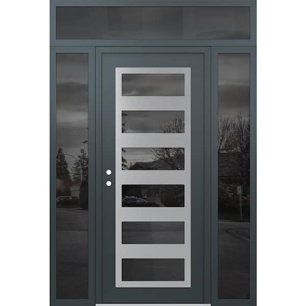 C9 68 in. x 96 in. Silver P Right-Hand/Inswing Mirrored Glass Anth/Anth 2 Sidelite+Transom Steel Prehung Front Door