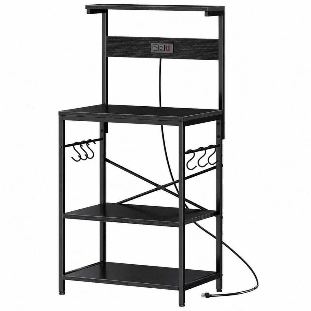 4-Tiers Black Kitchen Bakers Storage Shelf Rack with Power Outlet, Coffee Bar Table, Microwave Stand with 6 Hooks