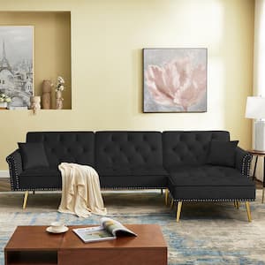 110 in. W 2-piece Velvet Reversible Sectional Sofa Bed, L-Shaped Couch with Movable Ottoman in Black