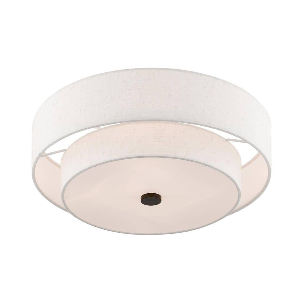 English Bronze 4-Light Indoor/Outdoor Drum Ceiling Fixture with Oatmeal Shade