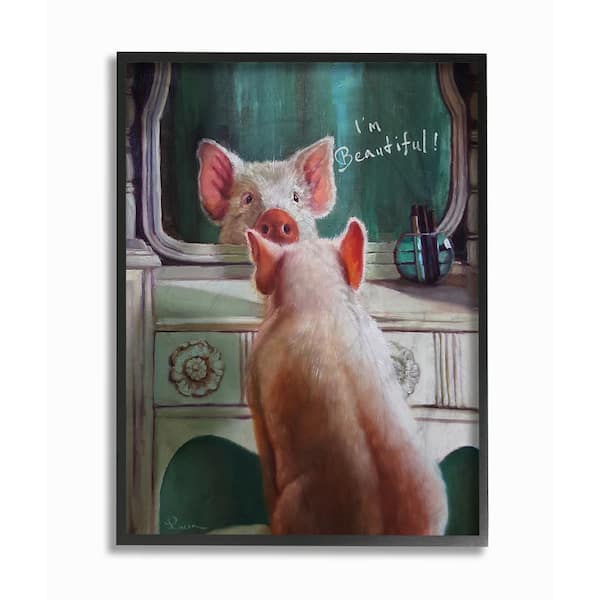 Stupell Industries 16 in. x 20 in. "I'm Beautiful Painted Pig in Mirror Illustration" by Artist Lucia Heffernan Framed Wall Art