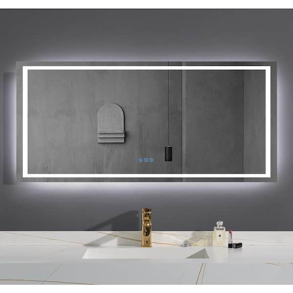Unbranded Vanity Trident72 in. W x 36 in. H Rectangular Frameless LED Wall Mount Bathroom Vanity Mirror with Touch Dimmer