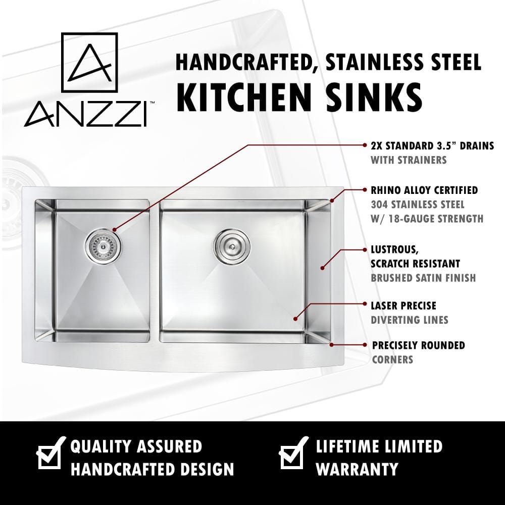Elysian 36'' Stainless Steel Farmhouse Double Bowl Kitchen Sink