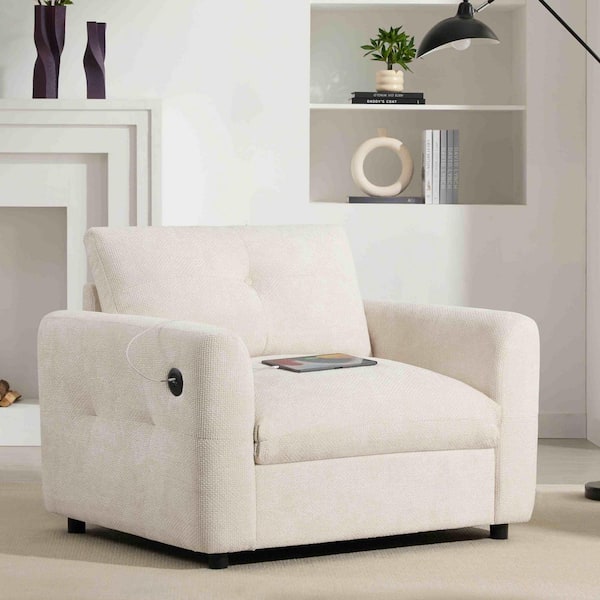 Beige Chenille Arm Chair with Wide Seat and Dual-Port Charger
