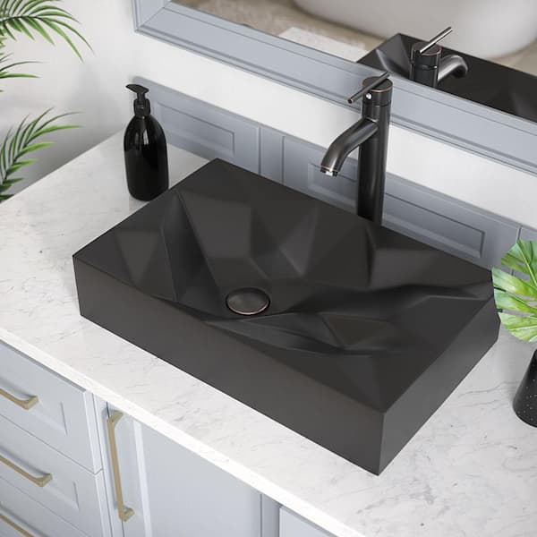 MR Direct Vessel Bathroom Sink in Matte Black with 718 Faucet and Pop-Up Drain in Antique Bronze