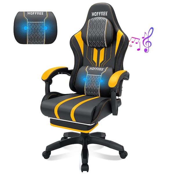 Hoffree Faux Leather Massage Ergonomic Gaming Chair Big and Tall Game Chair in Yellow with Bluetooth Speakers Footrest