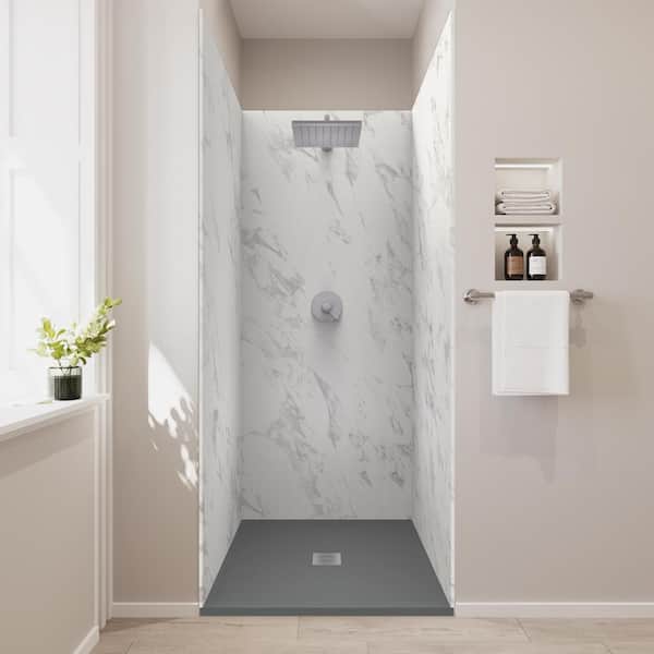 CASTICO 36 in. L x 36 in. W x 84 in. H Solid Composite Stone Alcove Shower Kit w/ Carrara Walls & Cntr Graphite Sand Shower Pan