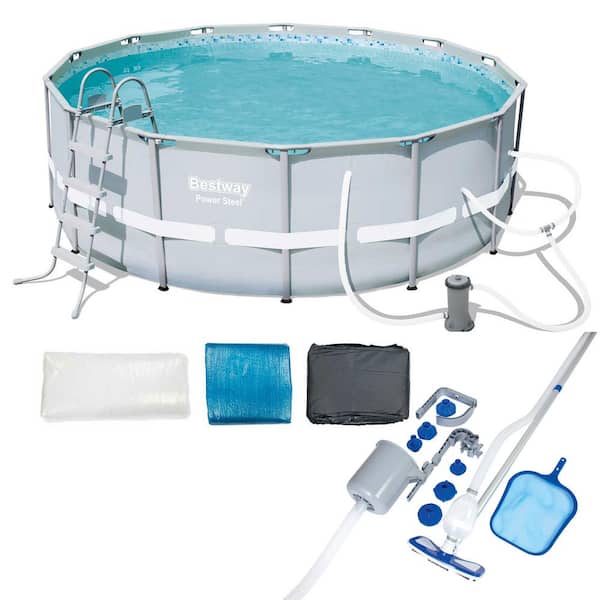 Bestway 14 ft. x 48 in. Round Power Steel Frame Above Ground Pool Set and Accessories