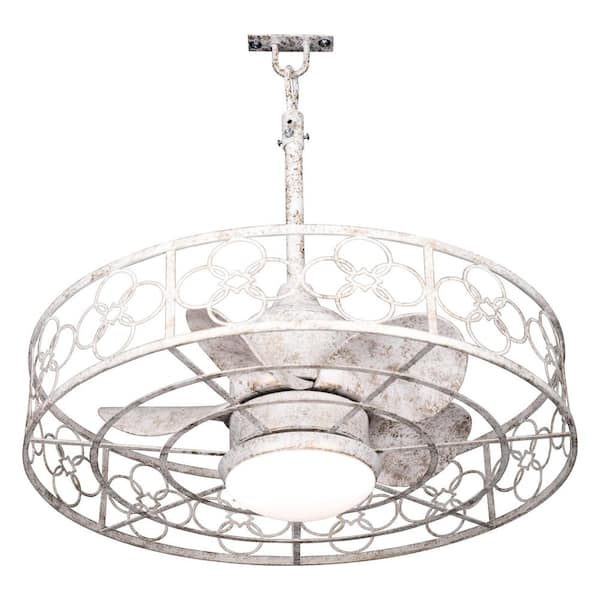 23 in. Outdoor Distressed White Caged Ceiling Fan with LED Light and Remote, 6-Speed Fandeliers