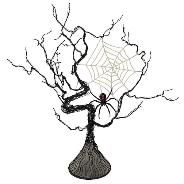 17 in. Black Battery Operated LED Halloween Tree with Spider and Spider Web