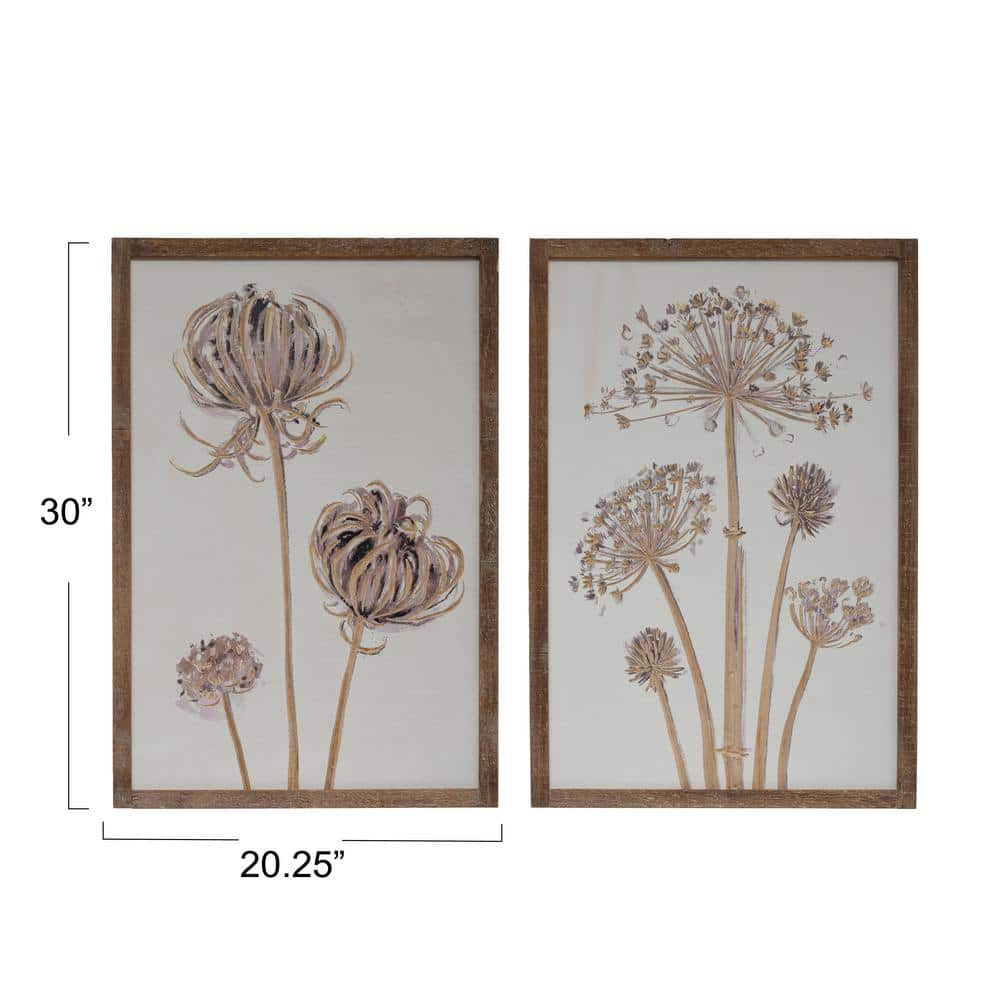 Cream Engraved Wood Flower Wall Art Set with Natural Frame