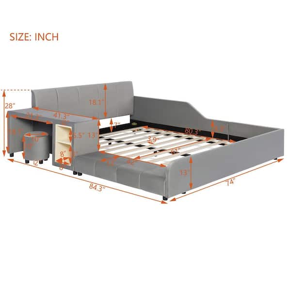 Gray Modern Luxury Wood Frame Queen Size Soft Velvet Upholstered Platform Bed with Bedside Desk and Round Stool