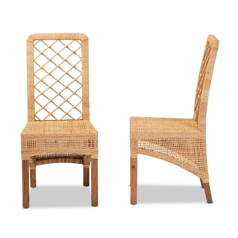 Natural Brown Mahogany Wood and Cane Dining Chair Set