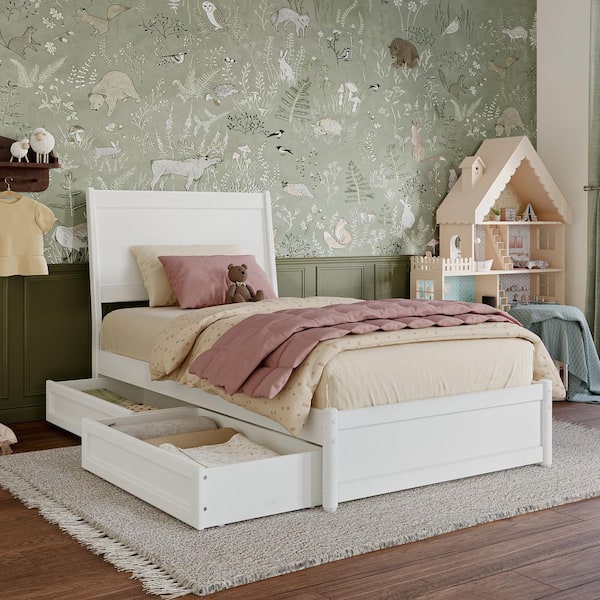 Casanova White Solid Wood Frame Twin Platform Bed with Panel Footboard and Storage Drawers