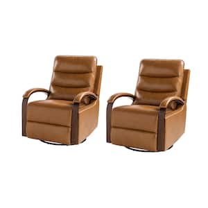 Joseph Genuine CAMEL Leather Swivel Manual Recliner with Wooden Arm Accents and Straight Tufted Back Cushion (Set of 2)