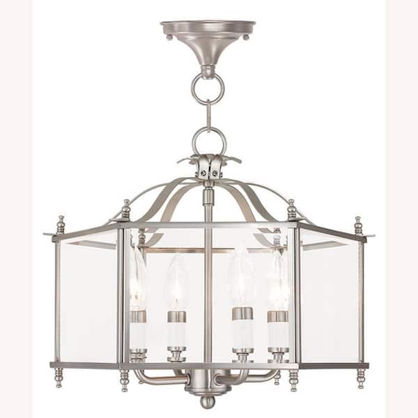 AVIANCE LIGHTING Burleson 15.5 in. 4-Light Brushed Nickel Convertible Pendant/Semi Flush with Clear Beveled Glass