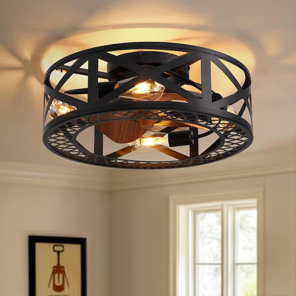 Pacific Core 20 in. Smart Indoor Industrial Black Caged Low Profile Flush Mount Ceiling Fans with Remote with No Bulb Included