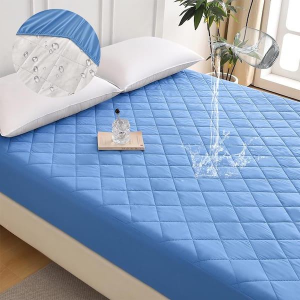 Light Blue Polyester Protector Diamond Grid Ultrasonic Waterproof Quilted Fitted Sheet-Size F
