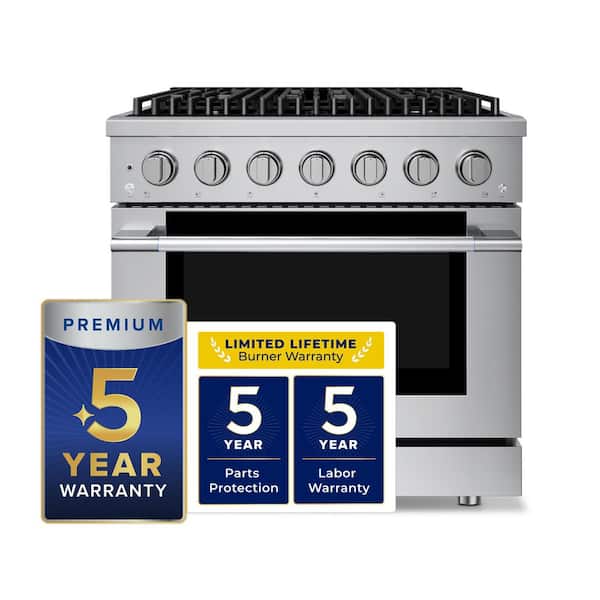 HausPro 36 in. 6 Burners Gas Range in Stainless Steel with 20,000 BTU and Convection Oven with 5 Rack Positions