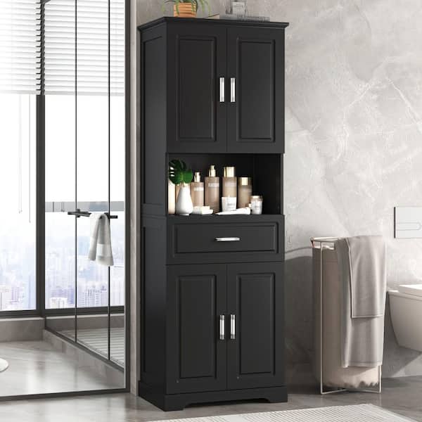 25 in. W x 16 in. D x 71 in. H Black Linen Cabinet, Tall Bathroom Cabinet with 4-Doors, Large Storage Space Open Shelve