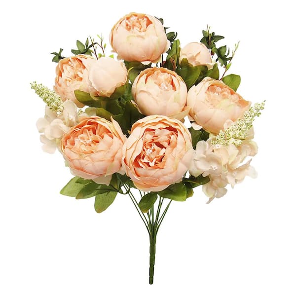 LIVING LUXURY 19 in. Blush Peach Artificial Mixed Peony Hydrangea Flower Stem Bush Bouquet