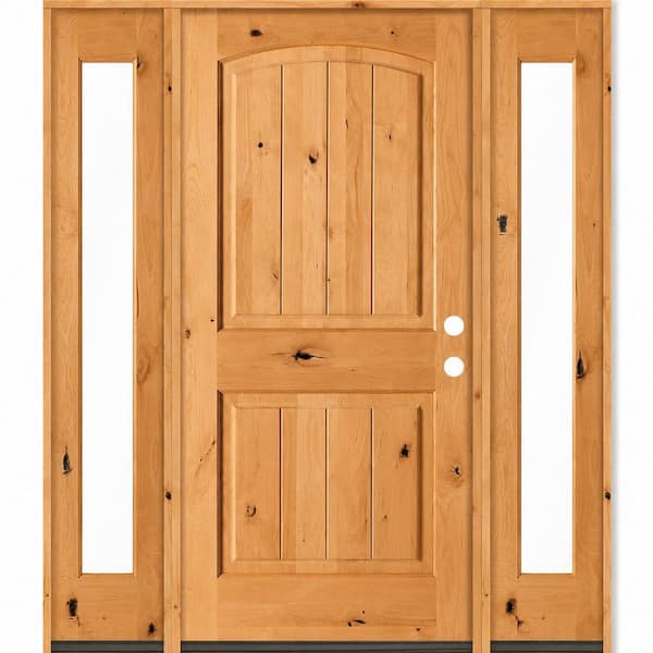 60 in. x 80 in. Knotty Alder Arch Top Left-Hand/Inswing Clear Glass BEHR Cedar Stain Wood Prehung Front Door w/ DFSL