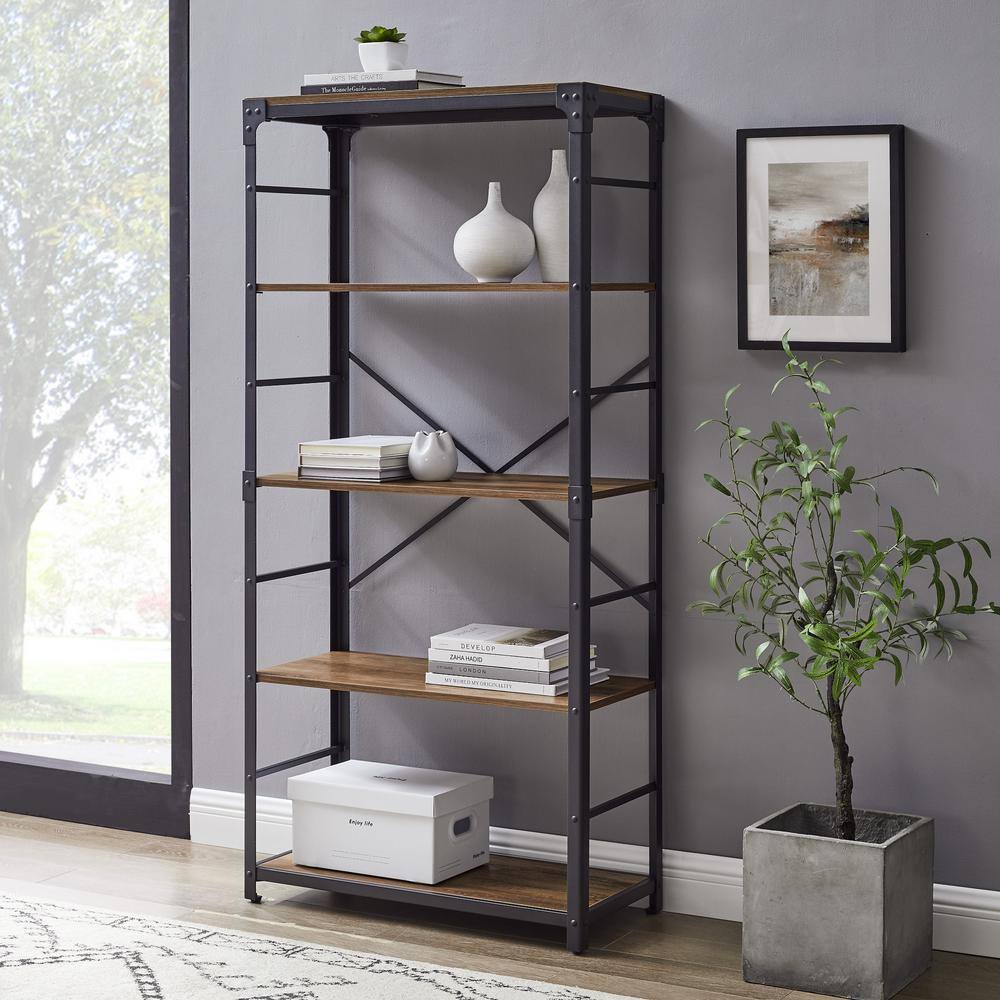 Walker Edison Furniture Company 64 in. Rustic Oak/Black Metal 4-shelf ...