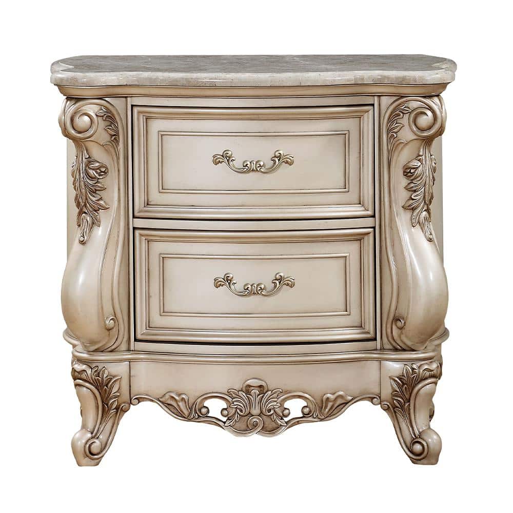 Gorsedd Antique Champagne 2-Drawer Nightstand with Marble Top