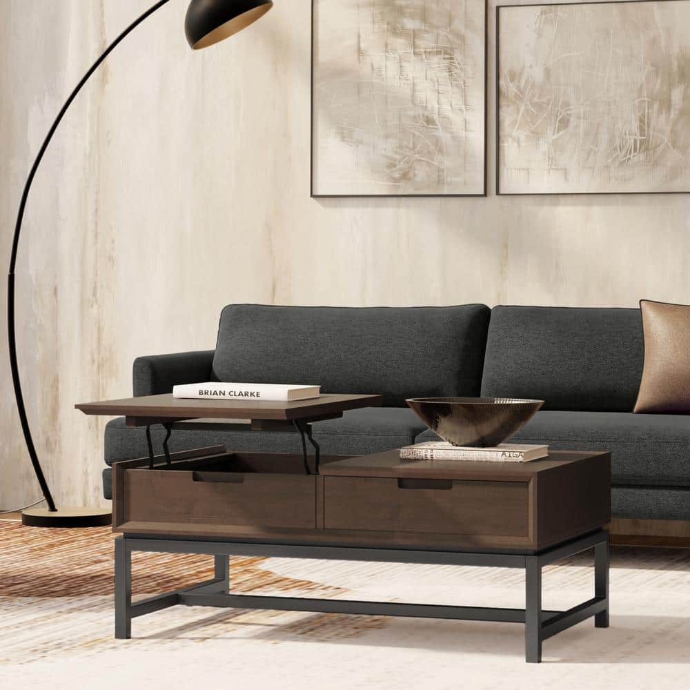 Walnut Brown Lift-Top Coffee Table with Metal Base and Storage