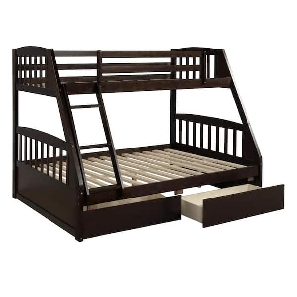 STICKON Espresso Twin Over Full Size Wood Bunk Bed with 2-Drawers