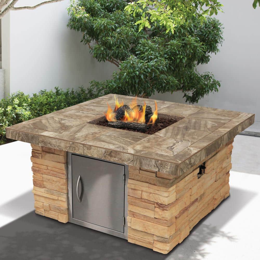 Brown Stone Veneer Propane Gas Fire Pit with Tile Countertop
