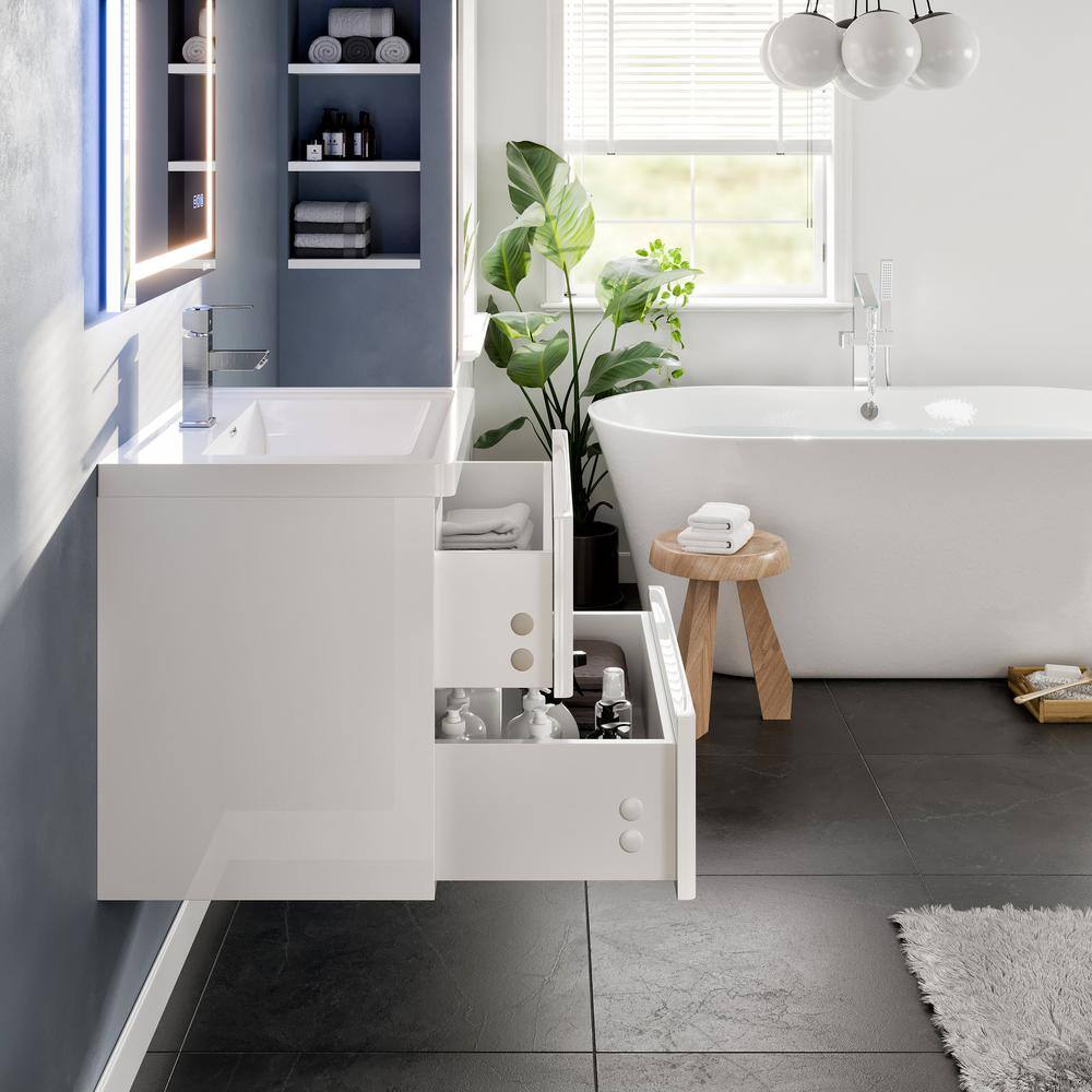 Glossy White 28" Wall Mount Bathroom Vanity with Marble Top
