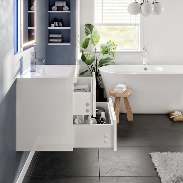 Glazzy 28 in. W x 18.75 in. D x 22 in. H Floating Bathroom Vanity in White with White Acrylic Top with White Sink