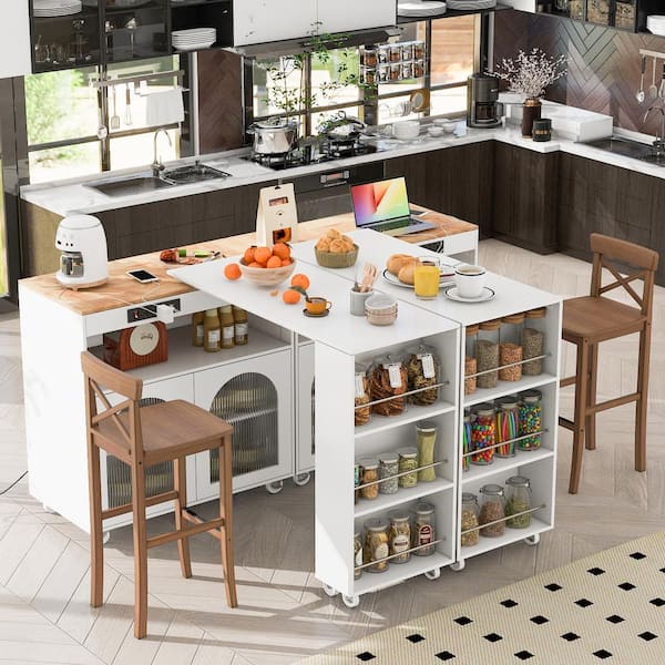 74 in. White Rubber Wood Top Kitchen Island with Extended Table, LED Lights, Fluted Glass Doors, and Wheels