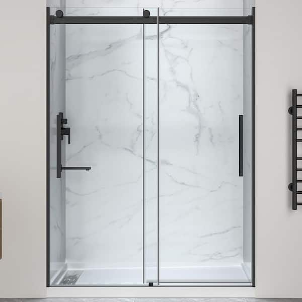 Stellar 60 in. L 32 in. W 76 in. H Alcove Shower Kit with Sliding Frameless Shower Door and Left Drain Shower Pan